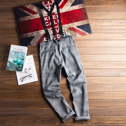 Checked pants with suspenders V0405