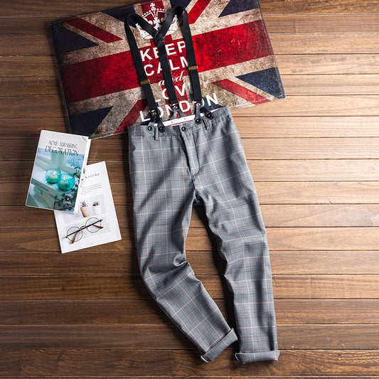 Checked pants with suspenders V0405