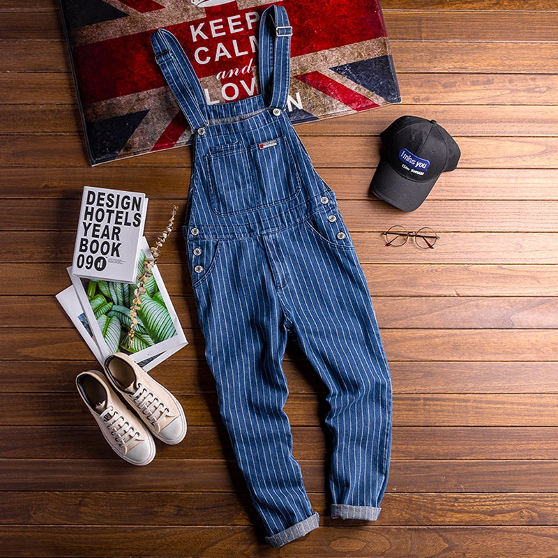 American retro striped denim overalls V0404