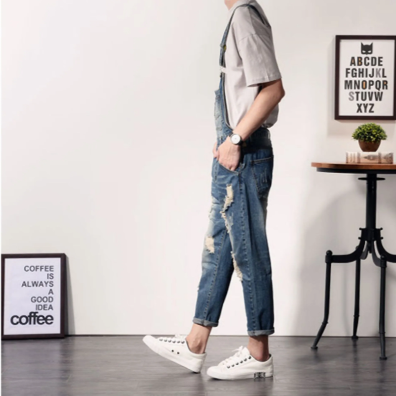 Distressed denim suspender overalls V0181