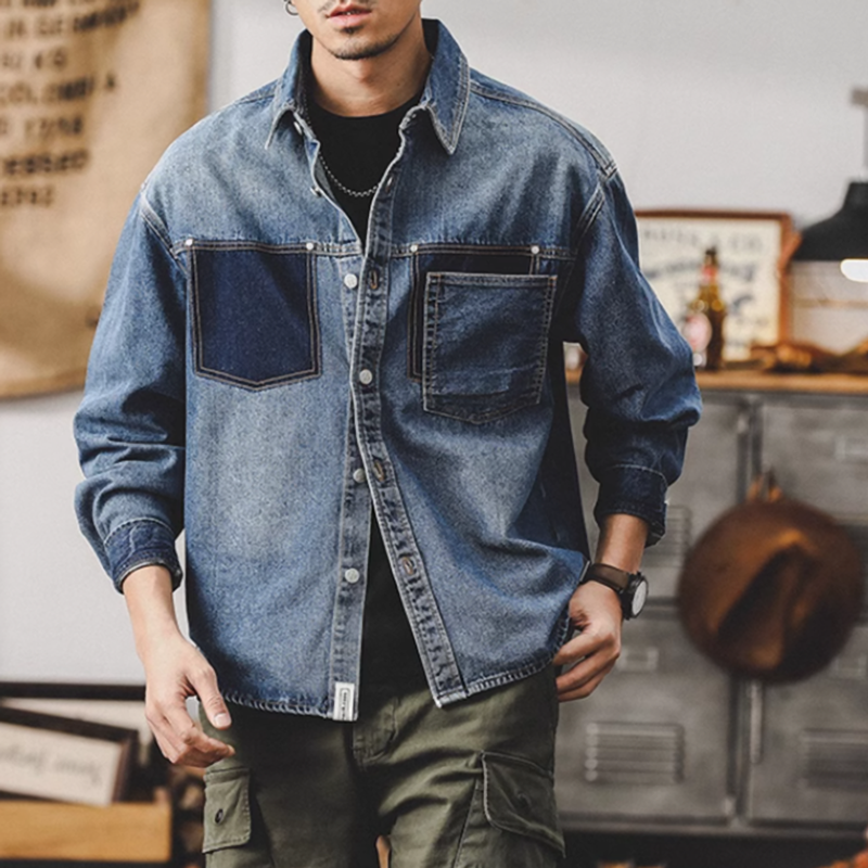 Tuck button denim stitch shirt V0078