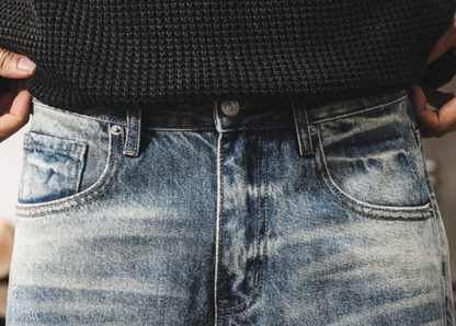 Distressed Slub Cotton Jeans V1058