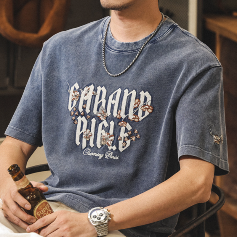 Retro Embroidered Sandstone T-Shirt V0905