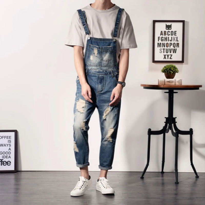 Distressed denim suspender overalls V0181