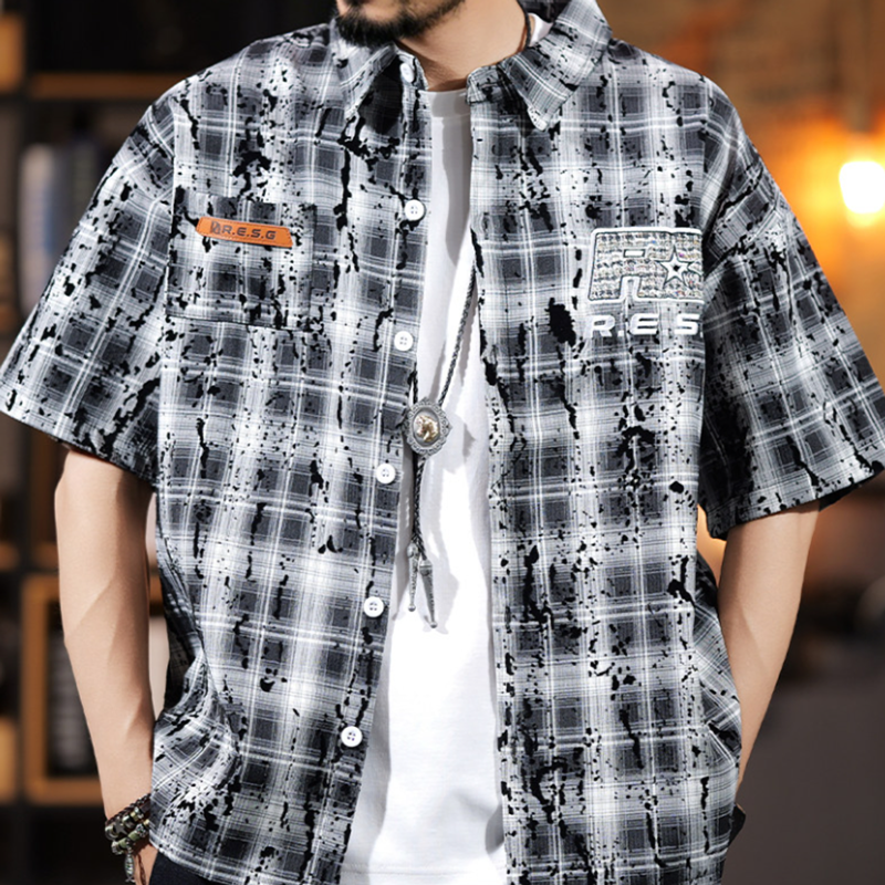 Splash-Paint Checkered Shirt V0993