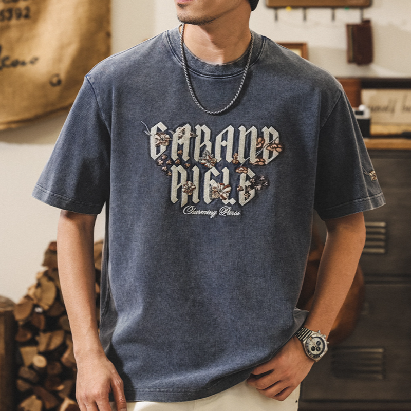 Retro Embroidered Sandstone T-Shirt V0905