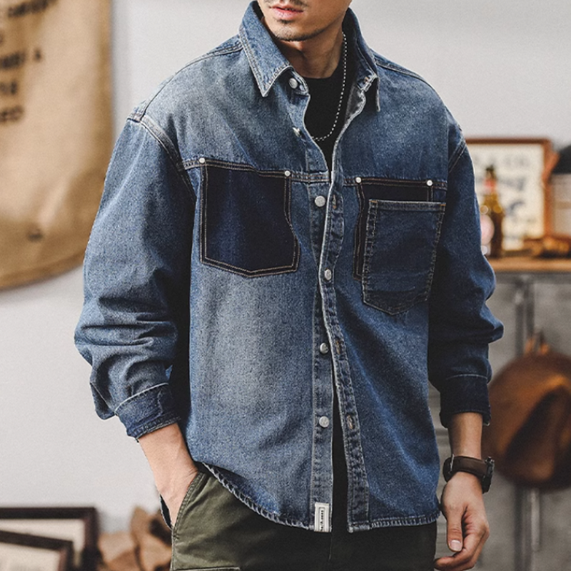 Tuck button denim stitch shirt V0078