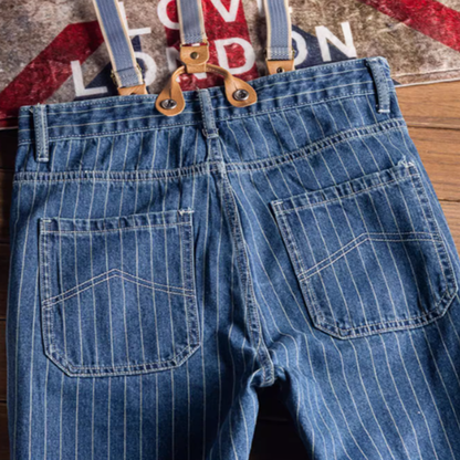 Striped denim suspender pants V0183