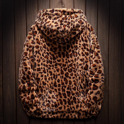 Leopard print hooded fleece jacket V0413