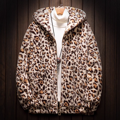 Leopard print hooded fleece jacket V0413