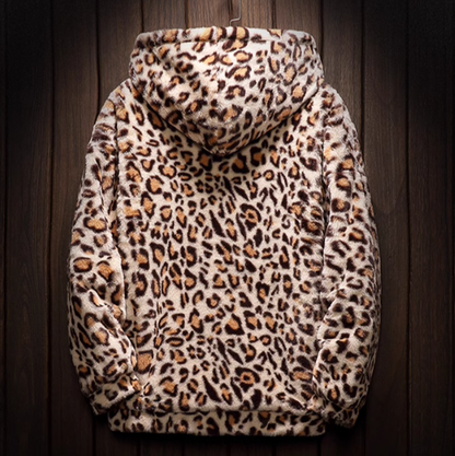 Leopard print hooded fleece jacket V0413