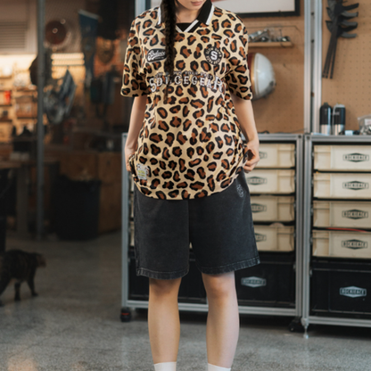 Retro Leopard Mesh Polo Shirt V0979
