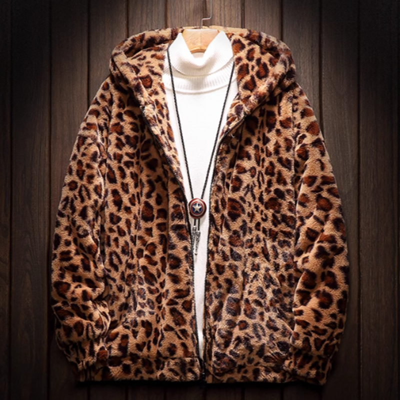 Leopard print hooded fleece jacket V0413