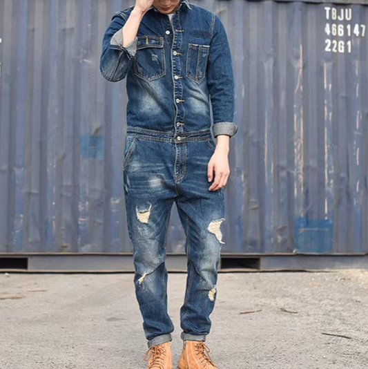 Distressed denim overalls V0140