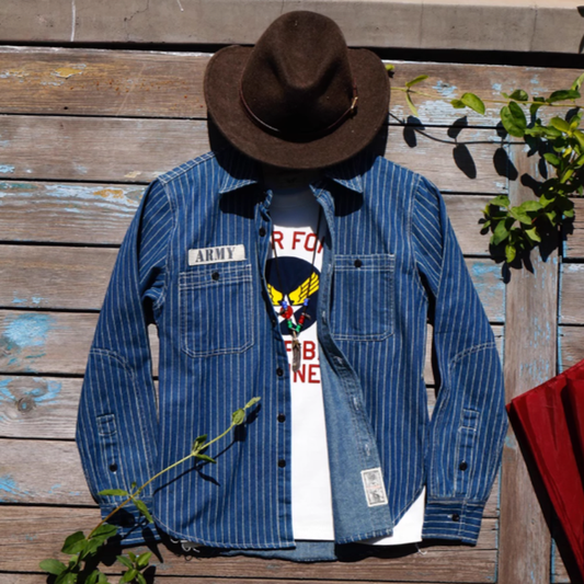 Washed striped denim work shirt V0672