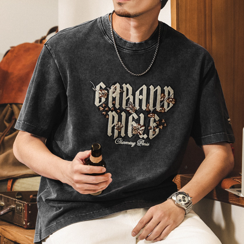 Retro Embroidered Sandstone T-Shirt V0905