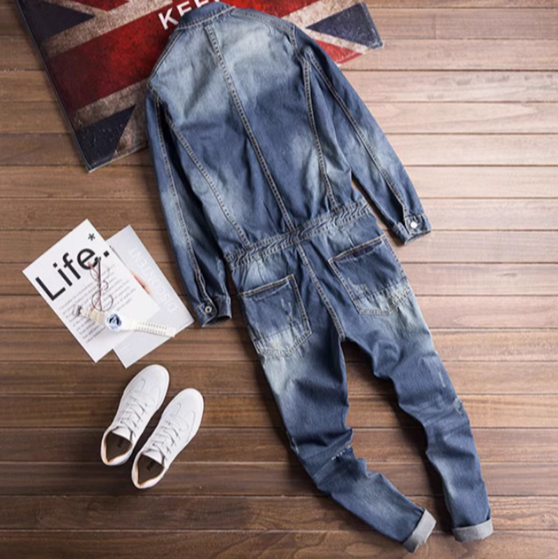 Distressed denim overalls V0140