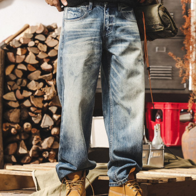 Distressed Slub Cotton Jeans V1058