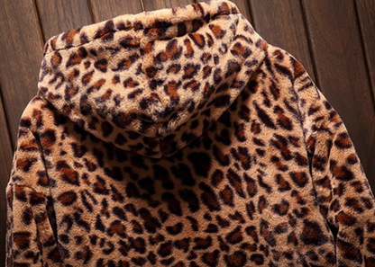 Leopard print hooded fleece jacket V0413