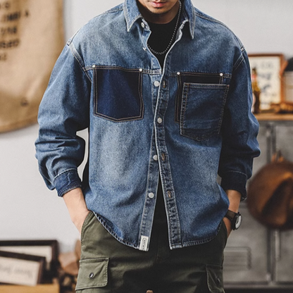 Tuck button denim stitch shirt V0078