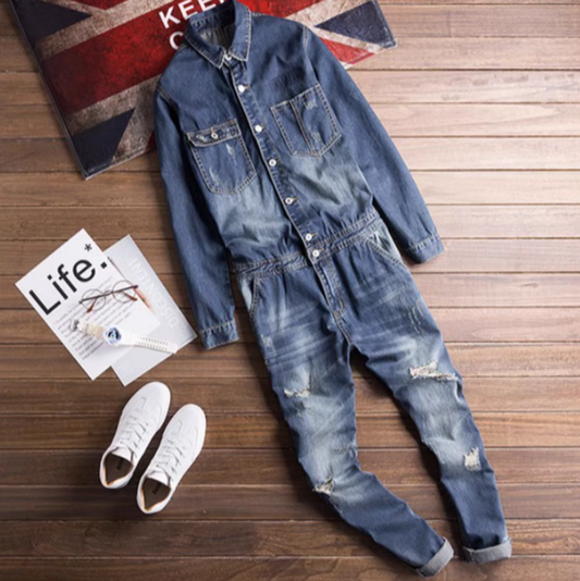 Distressed denim overalls V0140