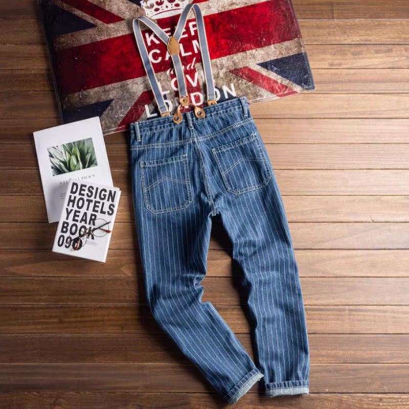 Striped denim suspender pants V0183