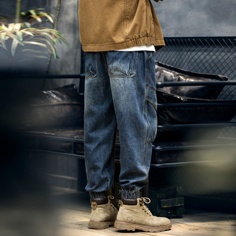 American washed denim jogger pants V0375