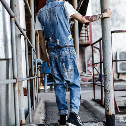 Distressed finish Denim Jumpsuit V1005