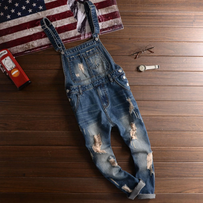 Distressed denim suspender overalls V0181