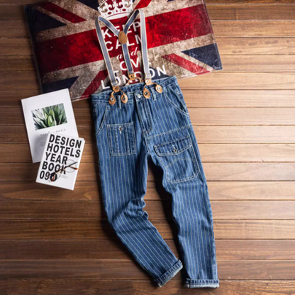 Striped denim suspender pants V0183