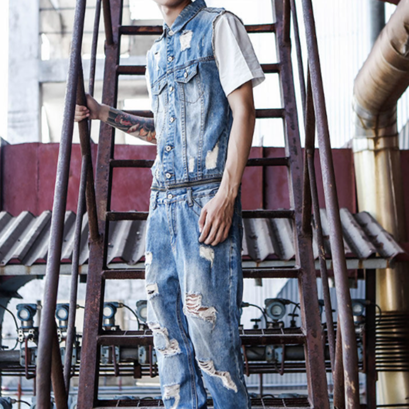 Distressed finish Denim Jumpsuit V1005