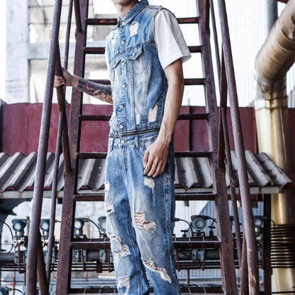 Distressed finish Denim Jumpsuit V1005