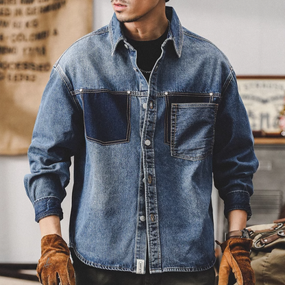 Tuck button denim stitch shirt V0078