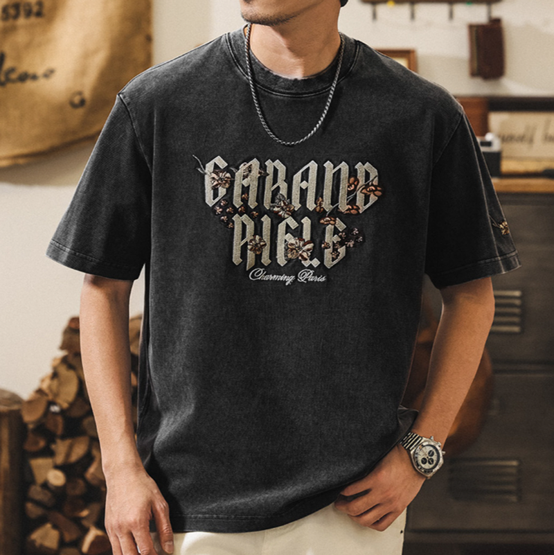 Retro Embroidered Sandstone T-Shirt V0905