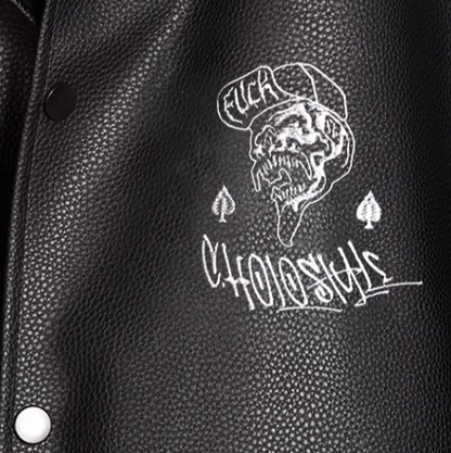 Leather jacket with skull embroidery V0096