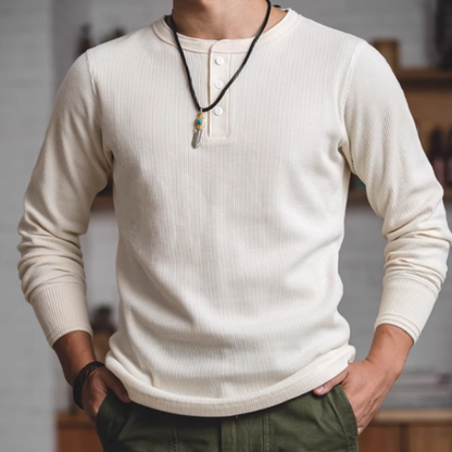 Henley neck long sleeve waffle shirt V0272