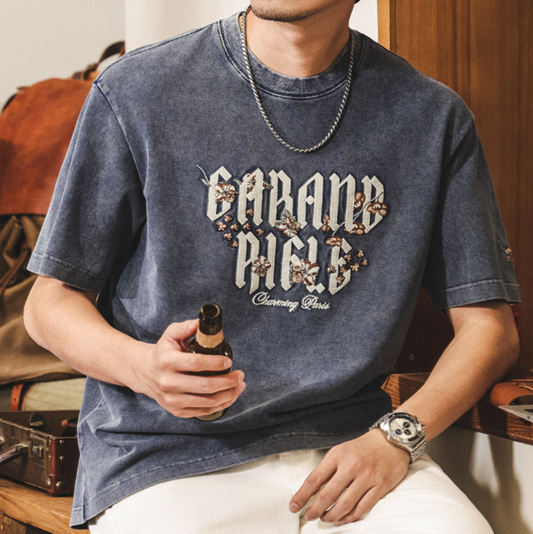 Retro Embroidered Sandstone T-Shirt V0905