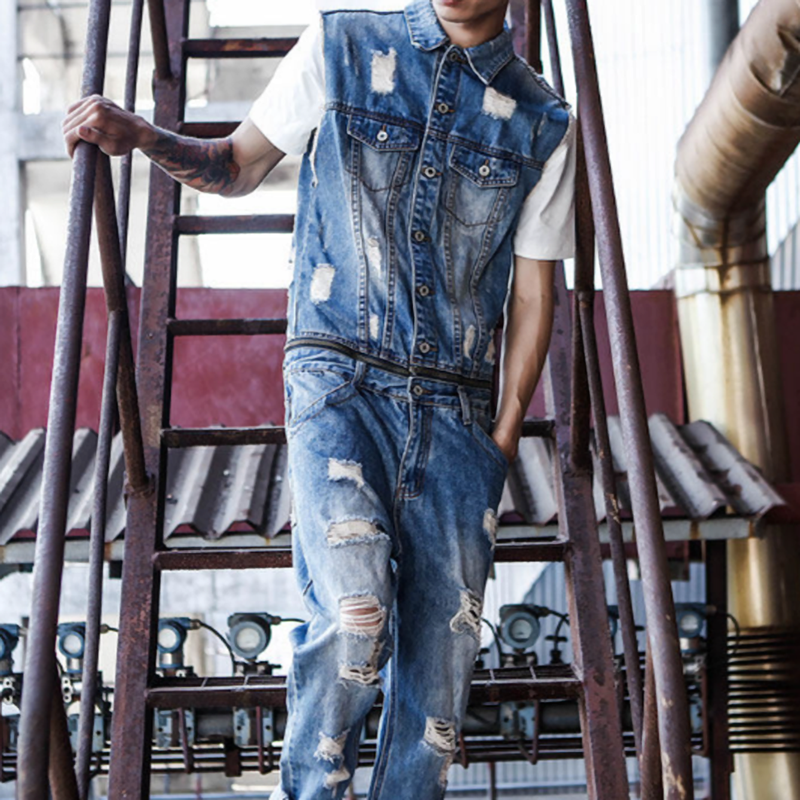 Distressed finish Denim Jumpsuit V1005