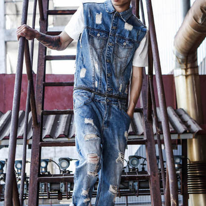 Distressed finish Denim Jumpsuit V1005