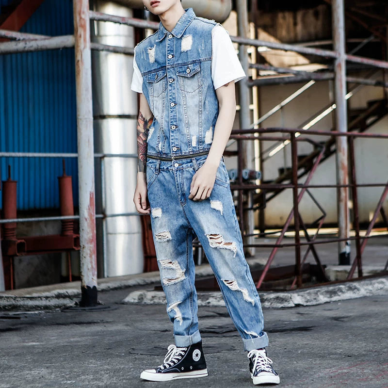 Distressed finish Denim Jumpsuit V1005