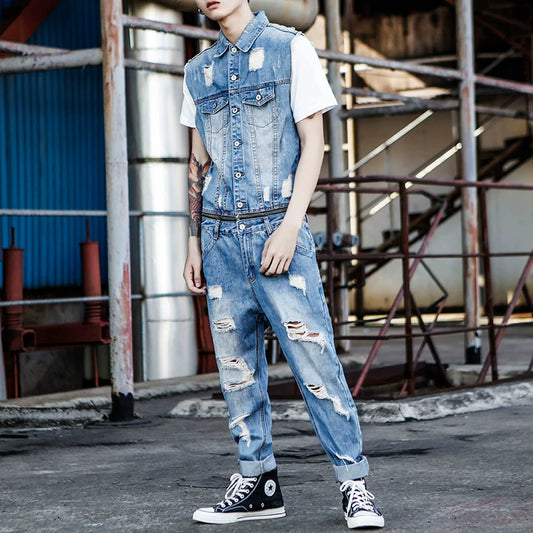Distressed finish Denim Jumpsuit V1005