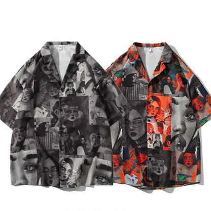 Cuban collar print short sleeve shirt V0546