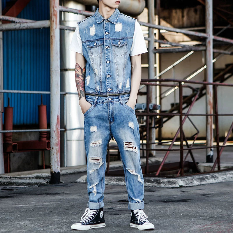 Distressed finish Denim Jumpsuit V1005