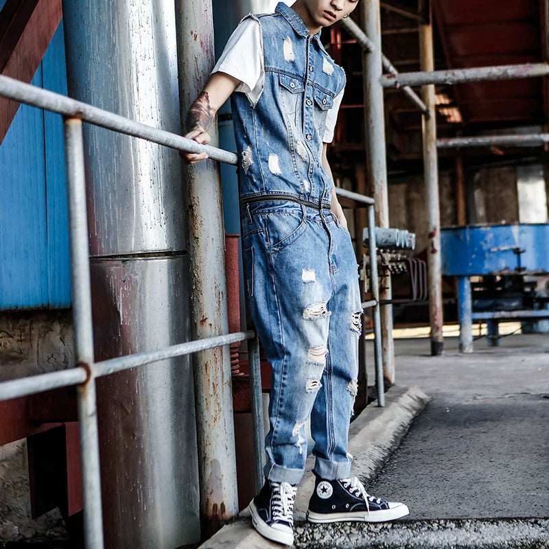 Distressed finish Denim Jumpsuit V1005