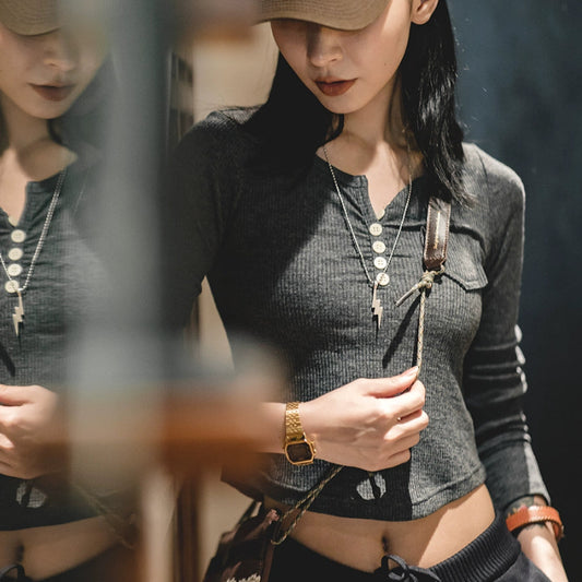 Vintage Ribbed Henley Top V0655