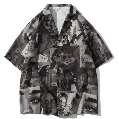 Cuban collar print short sleeve shirt V0546