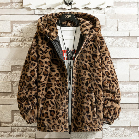 Leopard print hooded fleece jacket V0796
