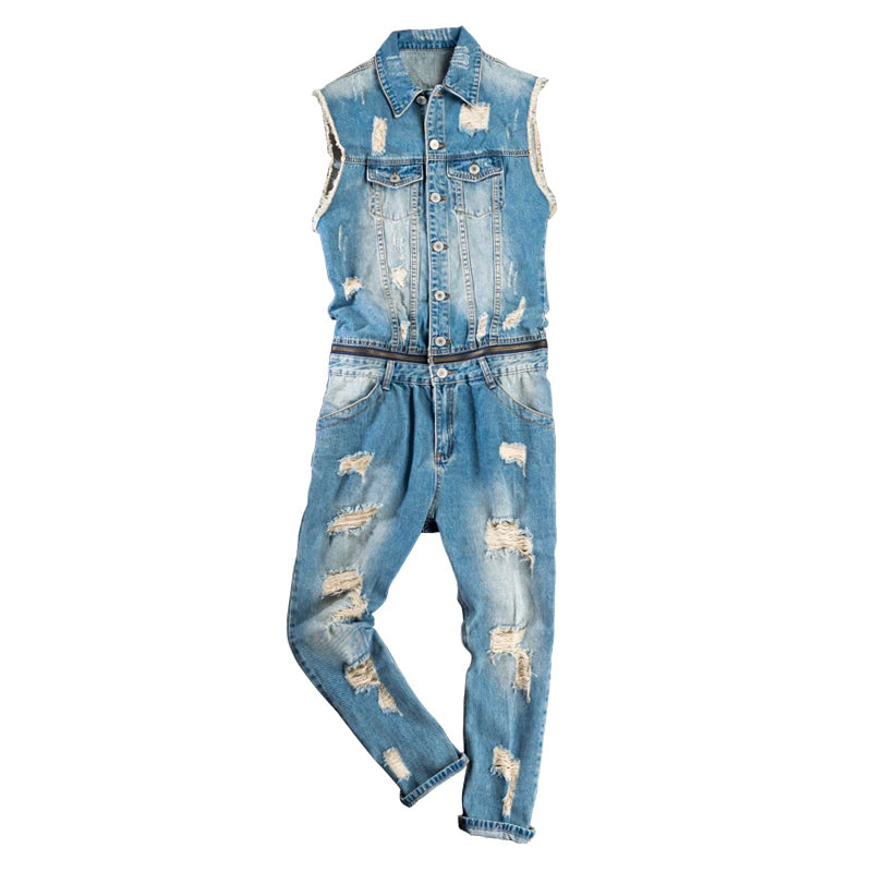 Distressed finish Denim Jumpsuit V1005