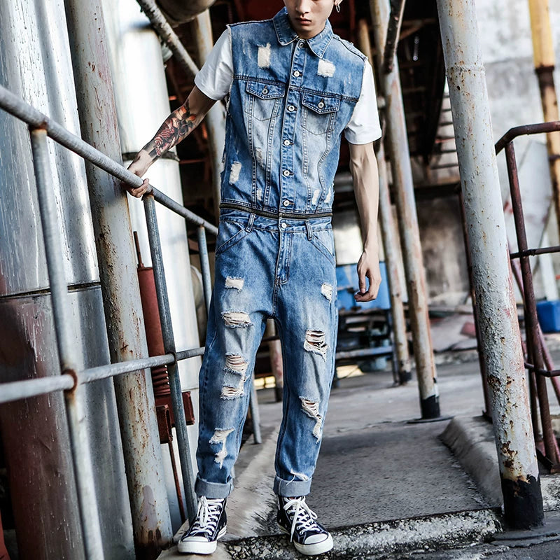 Distressed finish Denim Jumpsuit V1005